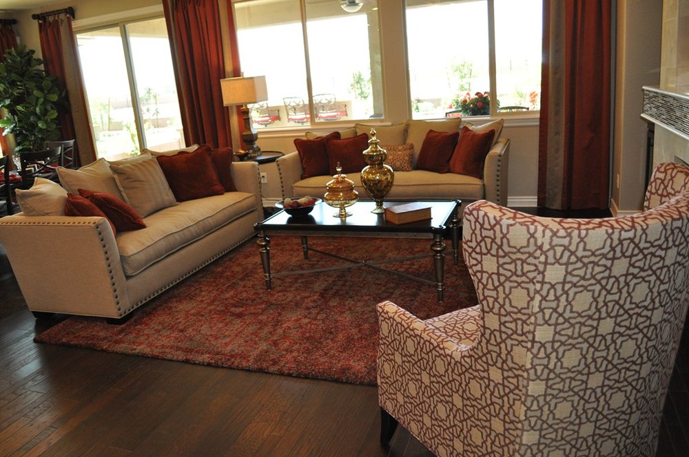 Living room with red rug